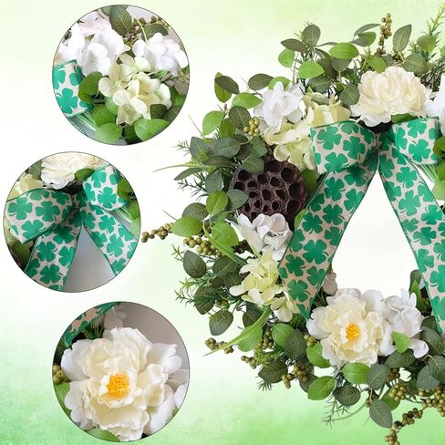 24" St Patrick's Day Wreath for Front Door - Spring Peony & Hydrangea Floral Wreath with Shamrock Bow & Lotus Pod, Lucky Clover Wreath for Everyday Indoor Outdoor Home Decor in Saudi Arabia