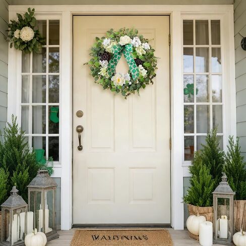 24" St Patrick's Day Wreath for Front Door - Spring Peony & Hydrangea Floral Wreath with Shamrock Bow & Lotus Pod, Lucky Clover Wreath for Everyday Indoor Outdoor Home Decor in Saudi Arabia