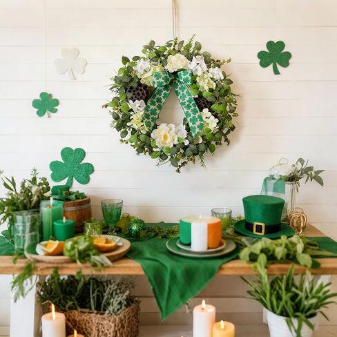 24" St Patrick's Day Wreath for Front Door - Spring Peony & Hydrangea Floral Wreath with Shamrock Bow & Lotus Pod, Lucky Clover Wreath for Everyday Indoor Outdoor Home Decor in Saudi Arabia