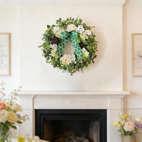 24" St Patrick's Day Wreath for Front Door - Spring Peony & Hydrangea Floral Wreath with Shamrock Bow & Lotus Pod, Lucky Clover Wreath for Everyday Indoor Outdoor Home Decor in Saudi Arabia