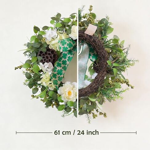 24" St Patrick's Day Wreath for Front Door - Spring Peony & Hydrangea Floral Wreath with Shamrock Bow & Lotus Pod, Lucky Clover Wreath for Everyday Indoor Outdoor Home Decor in Saudi Arabia