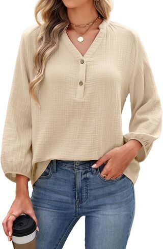 Celmia Blouses for Women Dressy Casual Button V Neck Long Sleeve Shirts Oversized Solid Blouses Tops in Saudi Arabia