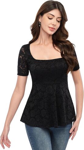 AmélieBoutik Women Lace Tunic Tops Scoop Neck Short Sleeve Solid Going Out Blouse in Saudi Arabia