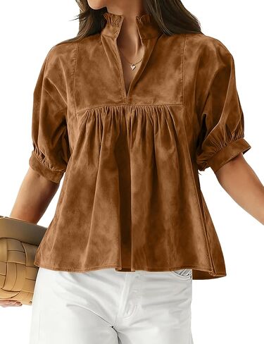 Women's Faux Suede Blouse Babydoll Pleated Peplum Tops Puff Sleeve Loose Fit Pullover Tunics Shirts in Saudi Arabia