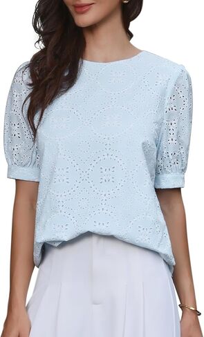 Allegra K Summer Tops for Women's Puff Short Sleeve Crew Neck Eyelet Hollow Out Shirts in Saudi Arabia