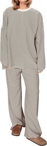 Women's Striped 2 Piece Lounge Matching Pajamas Set Crew Neck Oversized Tshirt and Wide Leg Pants Outfits in Saudi Arabia