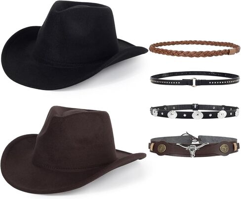 2 Pack Western Cowboy Hats for Women and Men Classic Felt Wide Brim Costume Cow Boy Hat Roll Up Brim Cowgirl Hat in Kuwait