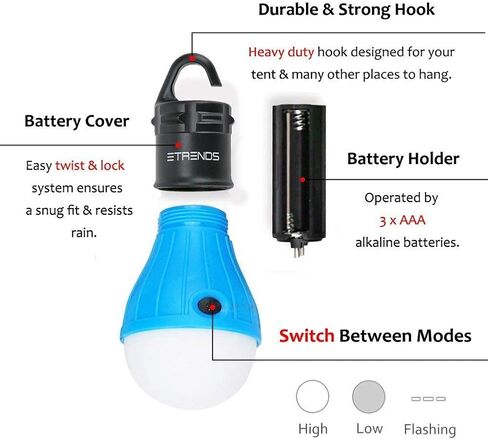 Compact LED Lantern Tent Camp Light Bulb for Camping Hiking Fishing Emergency Lights, Battery Powered Portable Lamp, 4 Count, Batteries Not Included (Black) in Saudi Arabia
