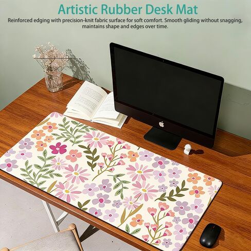 Large Floral Daisy Print Gaming Mouse Pad with Non-Slip Rubber Base - Durable Oblong Desk Mat for Keyboard,60x30 cm, Pink & Peach Flower Design, Perfect for Home & Office Use, Mouse Pads for Desk in Saudi Arabia