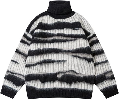Mens Sweater Oversized Zebra Stripe Heavyweight - Casual Turtleneck Knitted Pullover Unisex Retro Tops in Saudi Arabia