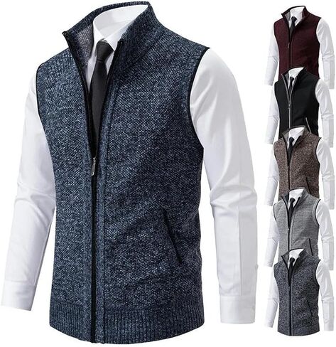 Men's Knitted Sleeveless Sweater Zipper Cardigan Turn-down Pullovers Turtleneck Sweatercoat Knit Waistcoat in Saudi Arabia