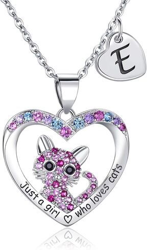 هدايا قلائد القطط للفتيات - قلادة كيتي مجرد فتاة تحب القطط مجوهرات قلادة أولية على شكل قلب - هدايا عيد ميلاد للابنة والحفيدة والمراهقة والأطفال الصغار in Kuwait