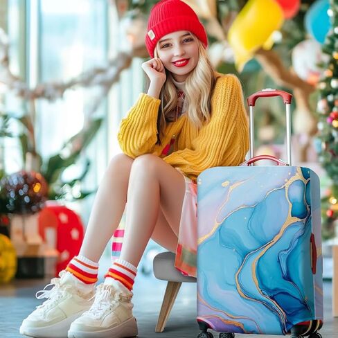 MAYJOYDIY غطاء أمتعة مذهب بموجات مذهبة فن تجريدي أغطية أمتعة مرنة حقيبة زرقاء مقاومة للغبار ومضادة للخدش وقابلة للغسل وحافظة حقيبة مقاس L مناسب للأمتعة مقاس 26-28 بوصة in Kuwait
