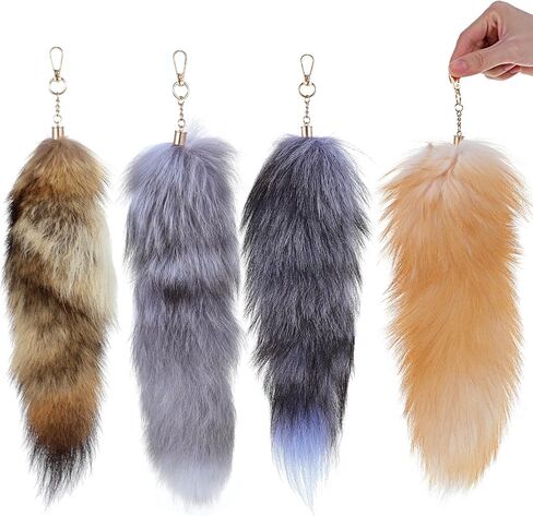 4 PCS Faux Fur Tail Keychain Set with Therian Tails - Huge 17 Inch Realistic Fox Tail Keychain Faux Fur Accessories for Cosplay, Handbags, Gifts in Saudi Arabia