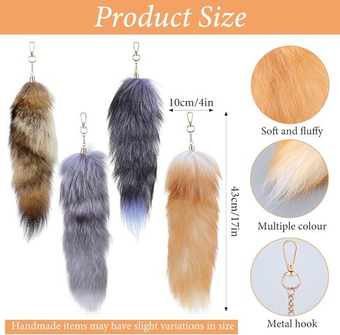 4 PCS Faux Fur Tail Keychain Set with Therian Tails - Huge 17 Inch Realistic Fox Tail Keychain Faux Fur Accessories for Cosplay, Handbags, Gifts in Saudi Arabia