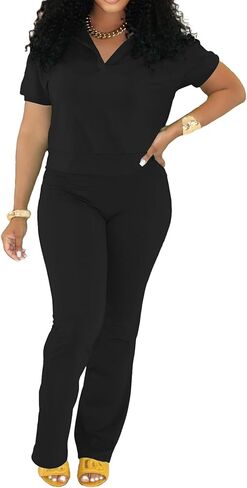 PINSV 2 Piece Sets For Women Casual V Neck Lounge Sets Short Sleeve Top Flare Pants Daily Tracksuit in Saudi Arabia