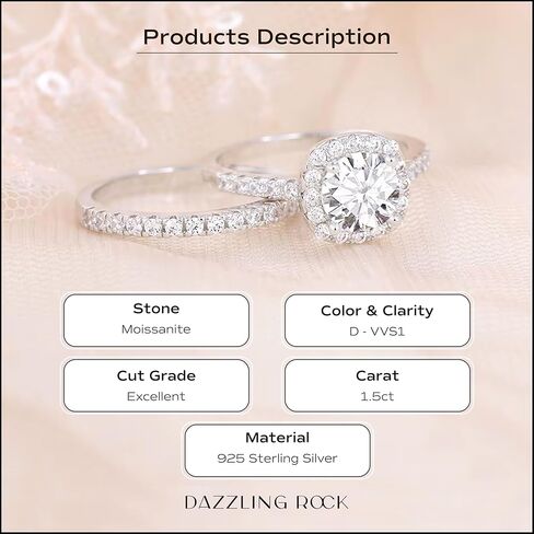 Dazzlingrock Collection GRA Certified D Color VVS1 1.50 Cttw Round Moissanite Halo Bridal Wedding Ring Set for Women in 925 Sterling Silver in Saudi Arabia