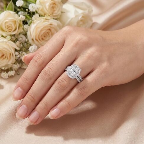 Wedding Ring Set for Women 2 CT Radiant Cut Engagement Rings Halo 925 Sterling Silver Rings with 18k White Gold Plated in Saudi Arabia