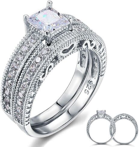Vintage Art Deco 2-Piece Wedding Ring Set, 1 Carat Princess Cut Simulated Diamond Engagement Ring, 925 Sterling Silver, 14k White Gold Plated in Saudi Arabia