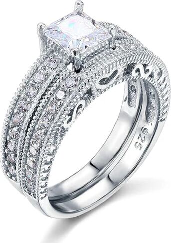 Vintage Art Deco 2-Piece Wedding Ring Set, 1 Carat Princess Cut Simulated Diamond Engagement Ring, 925 Sterling Silver, 14k White Gold Plated in Saudi Arabia