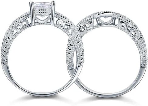 Vintage Art Deco 2-Piece Wedding Ring Set, 1 Carat Princess Cut Simulated Diamond Engagement Ring, 925 Sterling Silver, 14k White Gold Plated in Saudi Arabia