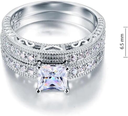 Vintage Art Deco 2-Piece Wedding Ring Set, 1 Carat Princess Cut Simulated Diamond Engagement Ring, 925 Sterling Silver, 14k White Gold Plated in Saudi Arabia