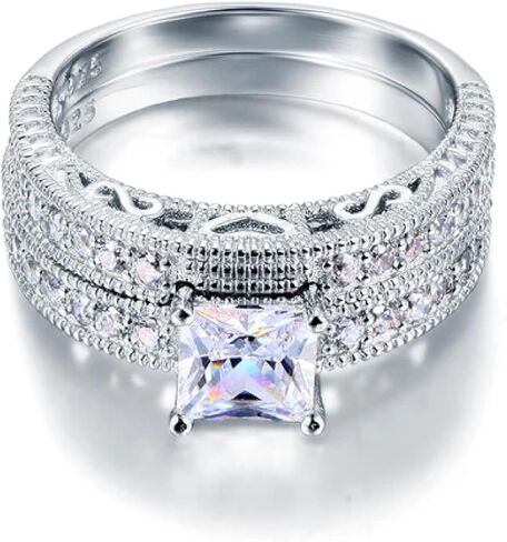 Vintage Art Deco 2-Piece Wedding Ring Set, 1 Carat Princess Cut Simulated Diamond Engagement Ring, 925 Sterling Silver, 14k White Gold Plated in Saudi Arabia