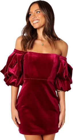 Petal & Pup Women's Dali Off Shoulder Velvet Mini Dress Ruby in Kuwait