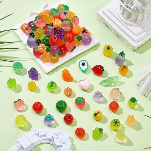 100Pcs Resin Artificial Fruits Miniature Fruits Figures Faux Pineapple Strawberry Banana Lemon Peach Fruit Decorations Fruit Luminous Decor Tiny Figure for Home Kitchen Garden Party Decor in Saudi Arabia