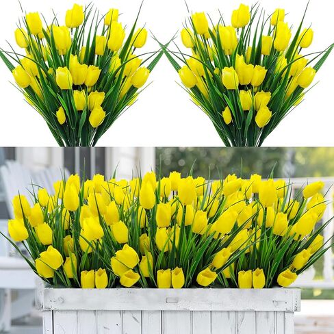 12 حزمة 60 رأس زهور التوليب الاصطناعية زهور وهمية في الهواء الطلق مقاومة للأشعة فوق البنفسجية حرير التوليب فو البلاستيك شجيرات خضراء نباتات للزراعة الخارجية شرفة حديقة ديكور الفناء (وردي) in Kuwait