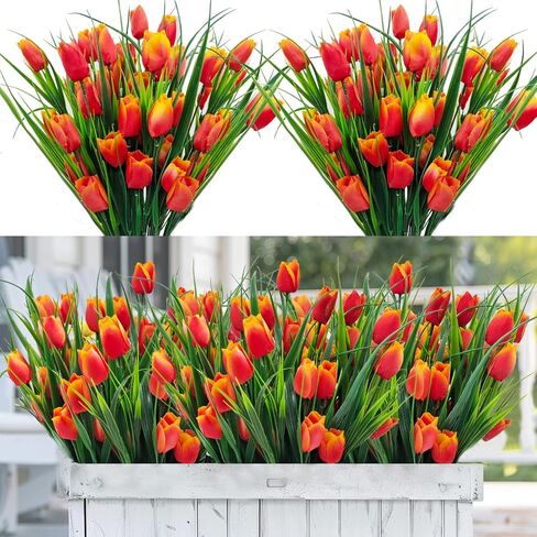 12 Bundles 60 Heads Artificial Tulips Fake Flowers Outdoor UV Resistant Silk Tulip Faux Plastic Greenery Shrubs Plants for Outside Planter Porch Garden Patio Decor (Pink) in Saudi Arabia