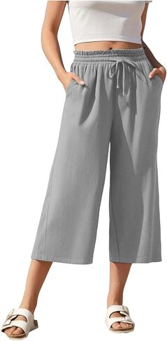 Capris Pants for Women Cotton Linen Casual Summer Wide Leg Loose Drawstring Elastic Waist Crop Trouser with Pockets in Saudi Arabia