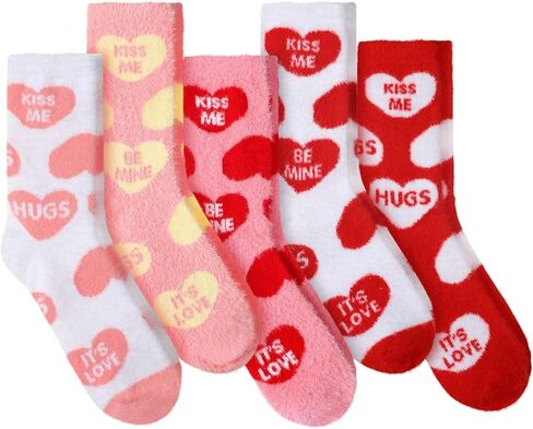 5 Pairs Valentines Fuzzy Slipper Sock Gifts Galentines Gift for Women Her Cozy Fuzzy Fluffy Heart Conversation Sock(Valentine's,Mink Fur,5 Pairs) in Saudi Arabia