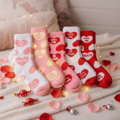 5 Pairs Valentines Fuzzy Slipper Sock Gifts Galentines Gift for Women Her Cozy Fuzzy Fluffy Heart Conversation Sock(Valentine's,Mink Fur,5 Pairs) in Saudi Arabia