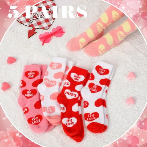 5 Pairs Valentines Fuzzy Slipper Sock Gifts Galentines Gift for Women Her Cozy Fuzzy Fluffy Heart Conversation Sock(Valentine's,Mink Fur,5 Pairs) in Saudi Arabia