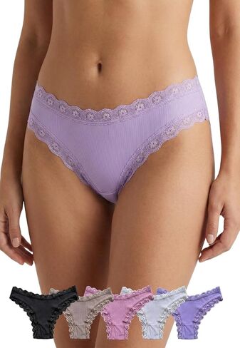 Ribbed Lace Brazilian Panties for Women – Soft Microfiber Bikini with Cotton Gusset, No-Show, 5 Pack in Saudi Arabia