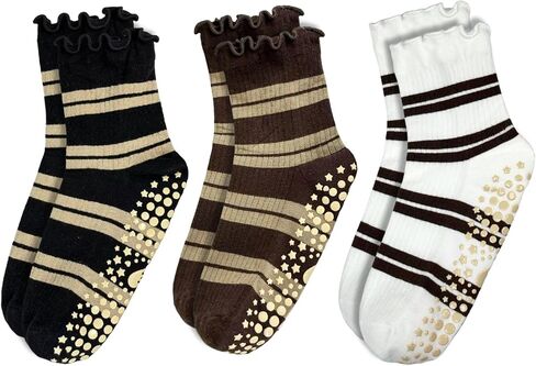 Striped Yoga Socks for Women – 3 Pairs Non Slip Grip Pilates Barre Socks, Cute Workout Socks, US Size 5-9 in Saudi Arabia