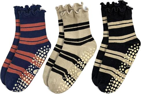 Striped Yoga Socks for Women – 3 Pairs Non Slip Grip Pilates Barre Socks, Cute Workout Socks, US Size 5-9 in Kuwait