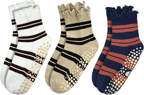 Striped Yoga Socks for Women – 3 Pairs Non Slip Grip Pilates Barre Socks, Cute Workout Socks, US Size 5-9 in Saudi Arabia