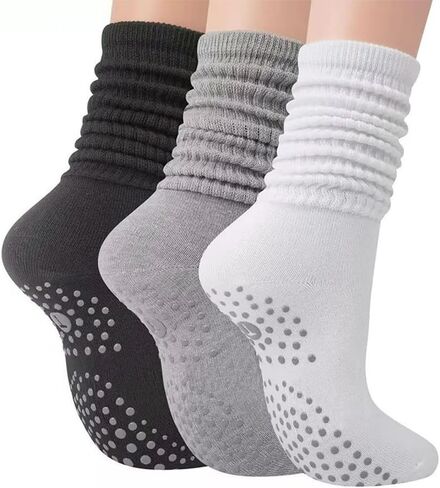 3-Pair Women's Grip Yoga Footwear, Non-Slip Pilates Socks with Silicone Dots, Long Slouch Style for Workout in Saudi Arabia