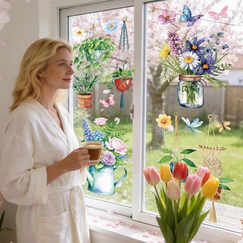 9 Sheet Spring Window Clings Spring Easter Party Decorations Flowers Plants Easter Reusable Window Stickers Double-Sided for Holiday Home School Office Decor Supplies in Kuwait
