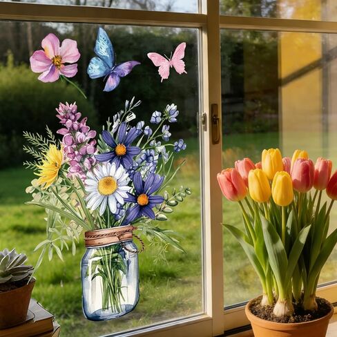 9 Sheet Spring Window Clings Spring Easter Party Decorations Flowers Plants Easter Reusable Window Stickers Double-Sided for Holiday Home School Office Decor Supplies in Kuwait