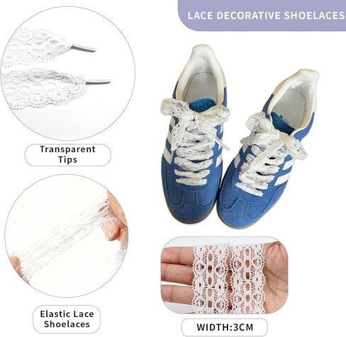 2 Pairs Lace Shoelaces - 120CM Flat Ribbon Shoe Laces for Women, 3CM Wide Fancy Sneaker Shoelaces, Decorative and Comfortable – White in Saudi Arabia