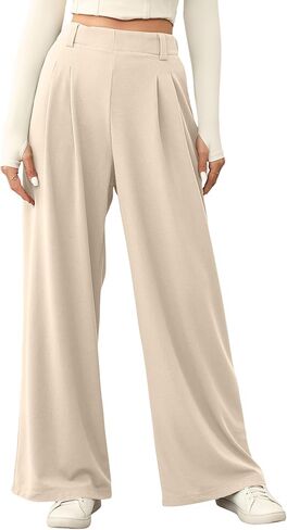 EVALESS Women's Wide Leg Pants Elastic High Waisted Waffle Knit Casual Pants Trousers with Pockets in Kuwait
