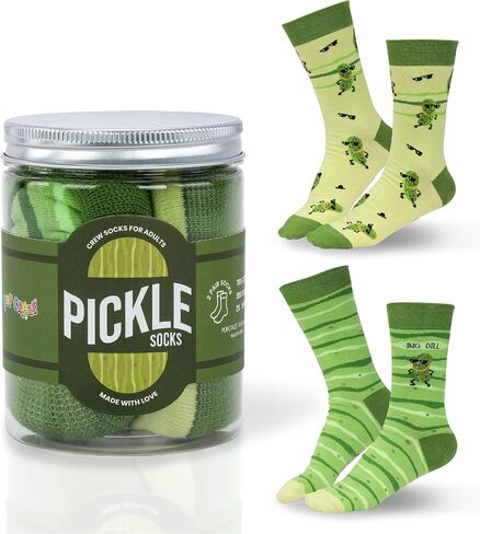 Pickle Novelty Crew Socks – Big Dill Funny Design – Green Striped Pattern – 2 Pairs in Mason Jar Packaging – Easter Basket Filler Gift for Adults in Kuwait