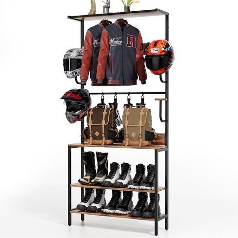Motorcycle Helmet Holder Floor Mounted Stand, Wall Mount with Helmet Rack, 4 Glove Chips and 4 Hooks, Rustic Helmets Holder and Motorcycle Helmets Rack for Most of Helmet in Saudi Arabia