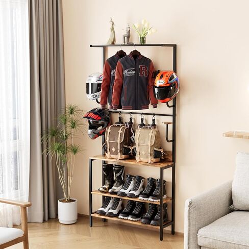 Motorcycle Helmet Holder Floor Mounted Stand, Wall Mount with Helmet Rack, 4 Glove Chips and 4 Hooks, Rustic Helmets Holder and Motorcycle Helmets Rack for Most of Helmet in Saudi Arabia