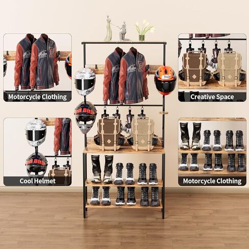 Motorcycle Helmet Holder Floor Mounted Stand, Wall Mount with Helmet Rack, 4 Glove Chips and 4 Hooks, Rustic Helmets Holder and Motorcycle Helmets Rack for Most of Helmet in Saudi Arabia