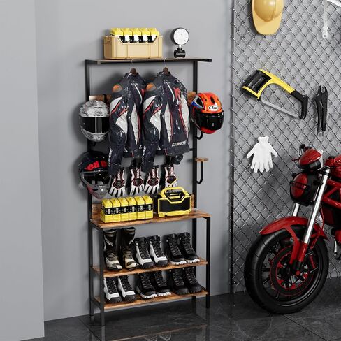 Motorcycle Helmet Holder Floor Mounted Stand, Wall Mount with Helmet Rack, 4 Glove Chips and 4 Hooks, Rustic Helmets Holder and Motorcycle Helmets Rack for Most of Helmet in Saudi Arabia
