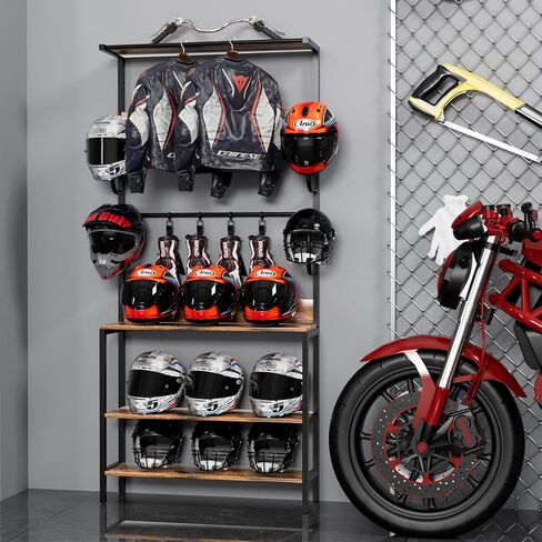 Motorcycle Helmet Holder Floor Mounted Stand, Wall Mount with Helmet Rack, 4 Glove Chips and 4 Hooks, Rustic Helmets Holder and Motorcycle Helmets Rack for Most of Helmet in Saudi Arabia